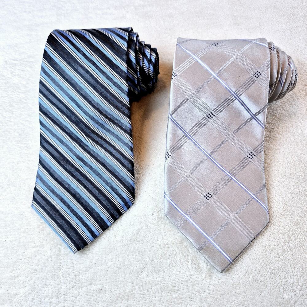 Lot of 2 DKNY Donna Karan Designer Striped Blue & Gray 100% Silk Neckties
